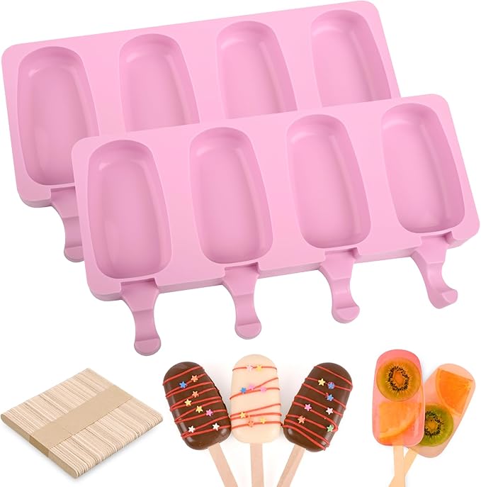 Popsicle Silicone Molds Set, 2 PCS Ice Cream Molds with 50 Wooden Sticks for Cake Pop, Ice Pop, Cakesicles (Standard Size/Pink)