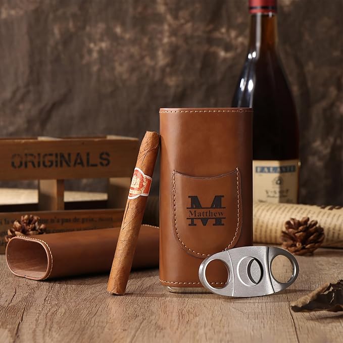"Nabil" Cigar Case Personalised Cigar Cutter with Engraved Names 3 Finger PU Leather Humidor Cigar Box Travel Trip Cigar Accessories 