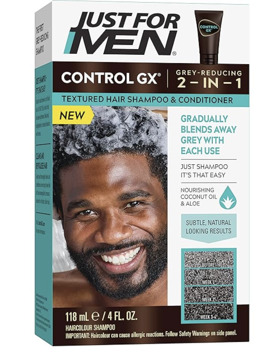 Just for Men Control GX Grey Reducing Shampoo for Textured Hair, Gradual Hair Color for Men
