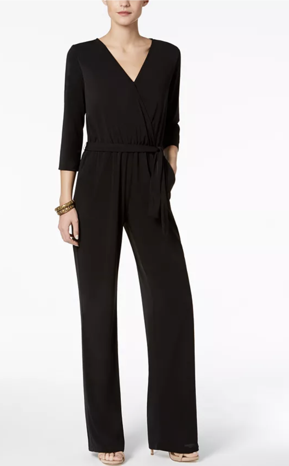 NY COLLECTION Petite 3/4 Sleeve Belted Wide Leg Jumpsuit