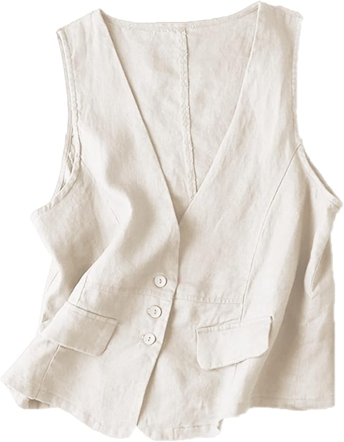 Bnigung Women's Linen Sleeveless Vest Casual Loose V Neck Cardigan Waistcoat Jacket