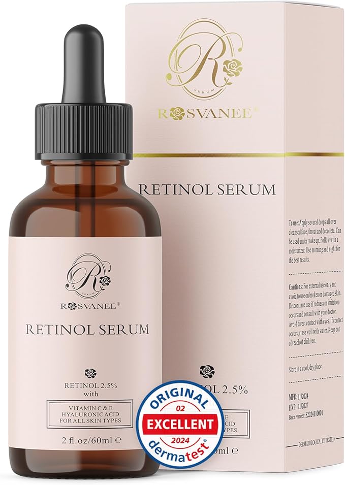 ROSVANEE Dermatologist Tested Retinol Serum for Face Big 2 oz, with 2.5% Retinol, Hyaluronic Acid, Vitamin C & E, Anti Aging Facial Serum for Skin Repair, Acne, Scar, Dark Spot, Fine Line and Wrinkles